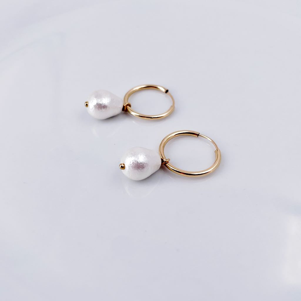 Vegan Cotton Teardrop Pearl Hoop Earrings - Lightweight Chic Design 0357