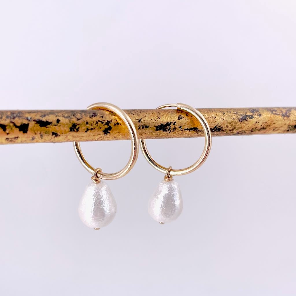 Vegan Cotton Teardrop Pearl Hoop Earrings - Lightweight Chic Design 0357