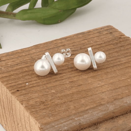 Two Pearl Sterling Silver Bar Earrings | Stunning Sophistication | Effortless Elegance | Captivating Brilliance 0340