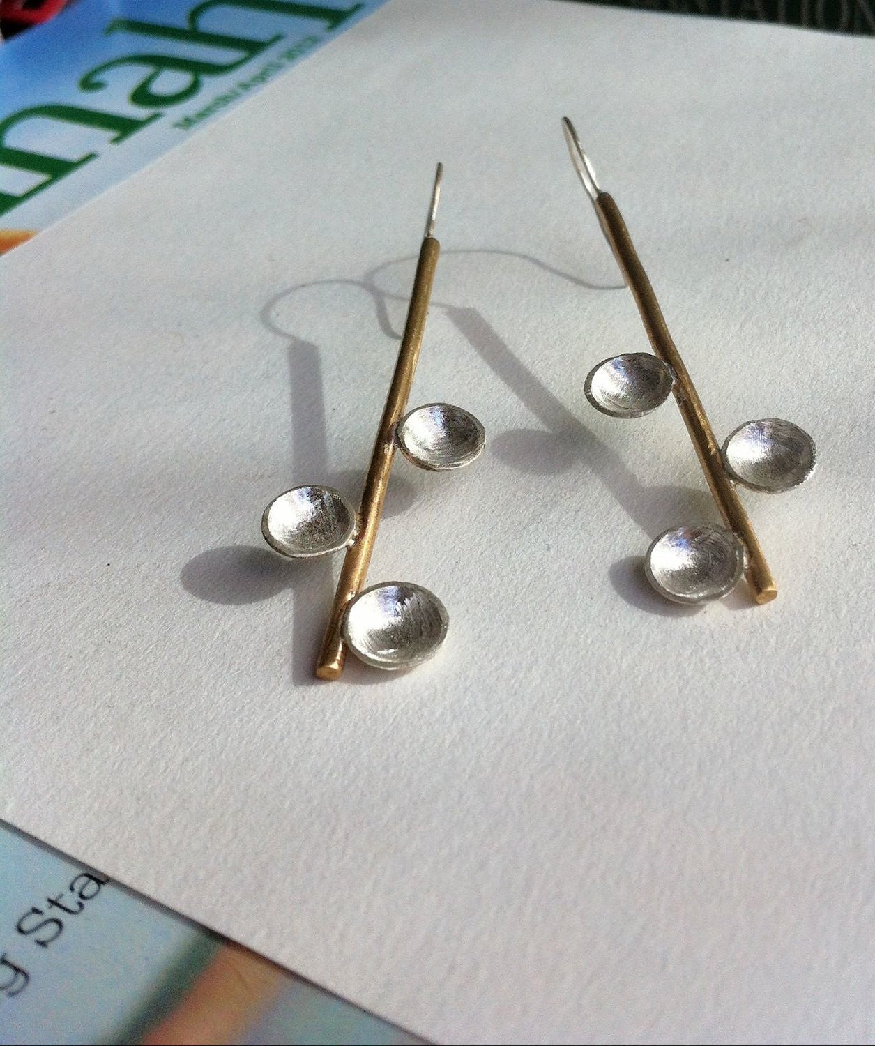 Distinctive Design of Hand-Made Brass Dangle Earrings With Sterling Silver Domes - 0095 - Virginia Wynne Designs