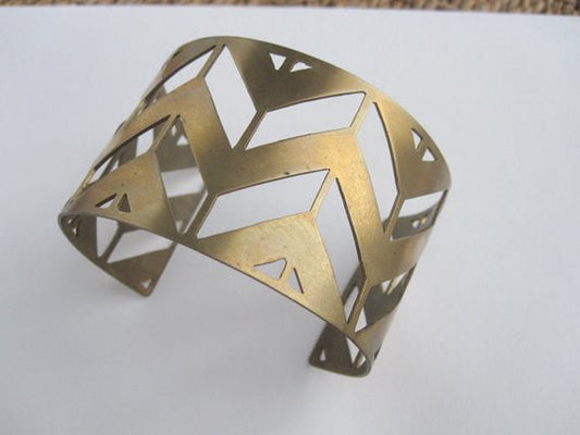 Hand-Made Geometric Chevron Open Cuff Bracelet in Gold Colored Brass - 0080 - Virginia Wynne Designs