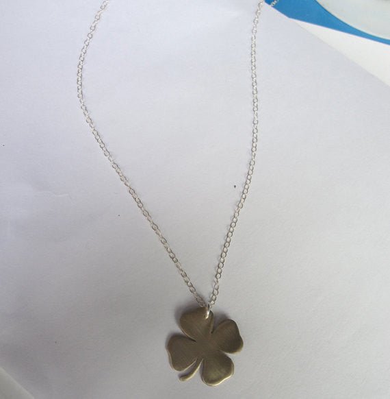 Hand-Made Shamrock Gold Colored Brass Charm Necklace On A Sterling Silver Chain - 0098 - Virginia Wynne Designs