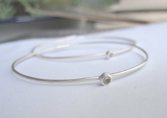 Elegant And Attractively Designed Sterling Silver Round Wire Hoops With A White Topaz Insert - 0189 - Virginia Wynne Designs