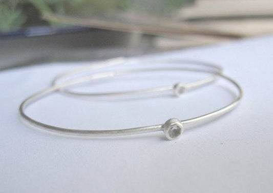 Elegant And Attractively Designed Sterling Silver Round Wire Hoops With A White Topaz Insert - 0189 - Virginia Wynne Designs