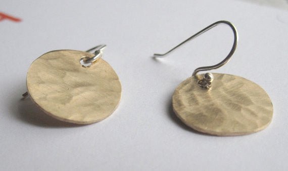 Hand-Made, Stylish, Hammered Textured, Gold Colored Brass Dangle Disk Earrings - 0065 - Virginia Wynne Designs