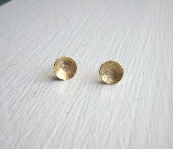 Distinctive Hand-Made Gold-Brass Concave Dome Stud Earrings - 0111 - Virginia Wynne Designs