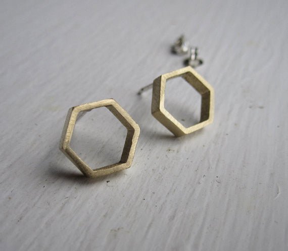 Hand-Crafted, Open Hexagonal Honey Comb Stud Earrings in Brass - 0114 - Virginia Wynne Designs