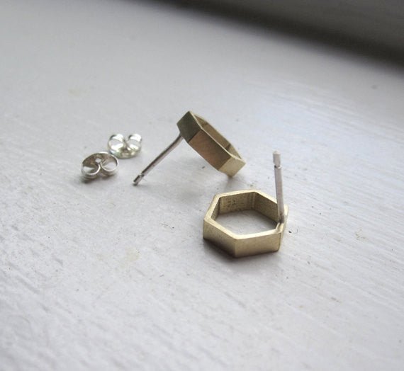 Hand-Crafted, Open Hexagonal Honey Comb Stud Earrings in Brass - 0114 - Virginia Wynne Designs