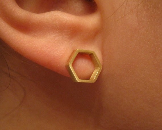 Hand-Crafted, Open Hexagonal Honey Comb Stud Earrings in Brass - 0114 - Virginia Wynne Designs
