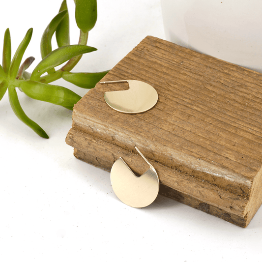 Large Circle Stud Earrings 7/8" brass circle on Ear Geometric Minimalist everyday Jewelry exciting and edgy design 0286 Virginia Wynne Designs VWD Yellow Gold Fill off the ear 7/8" option