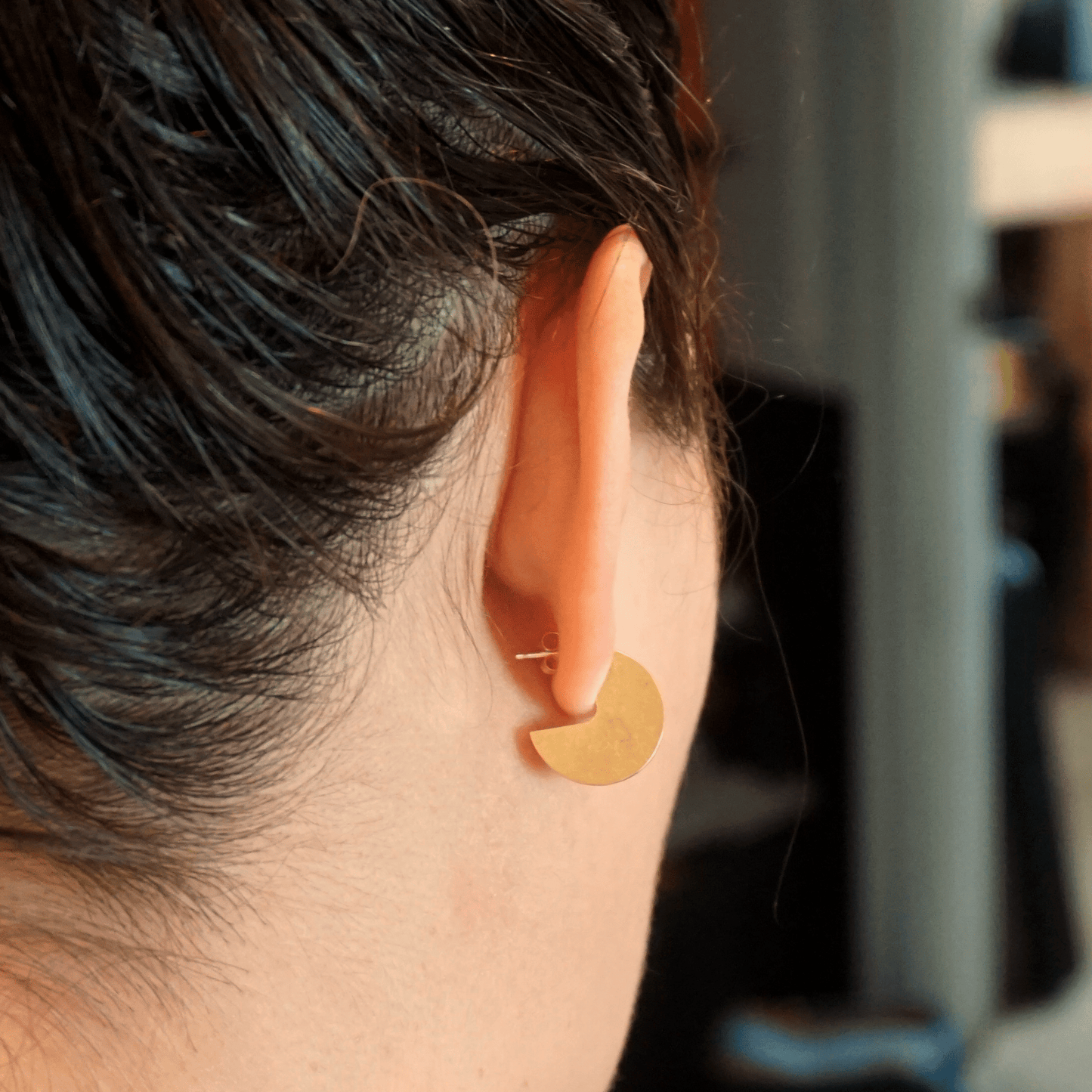 Large Circle Stud Earrings 7/8" brass circle on Ear Geometric Minimalist everyday Jewelry exciting and edgy design 0286 Virginia Wynne Designs VWD 3/4" option from behind the ear