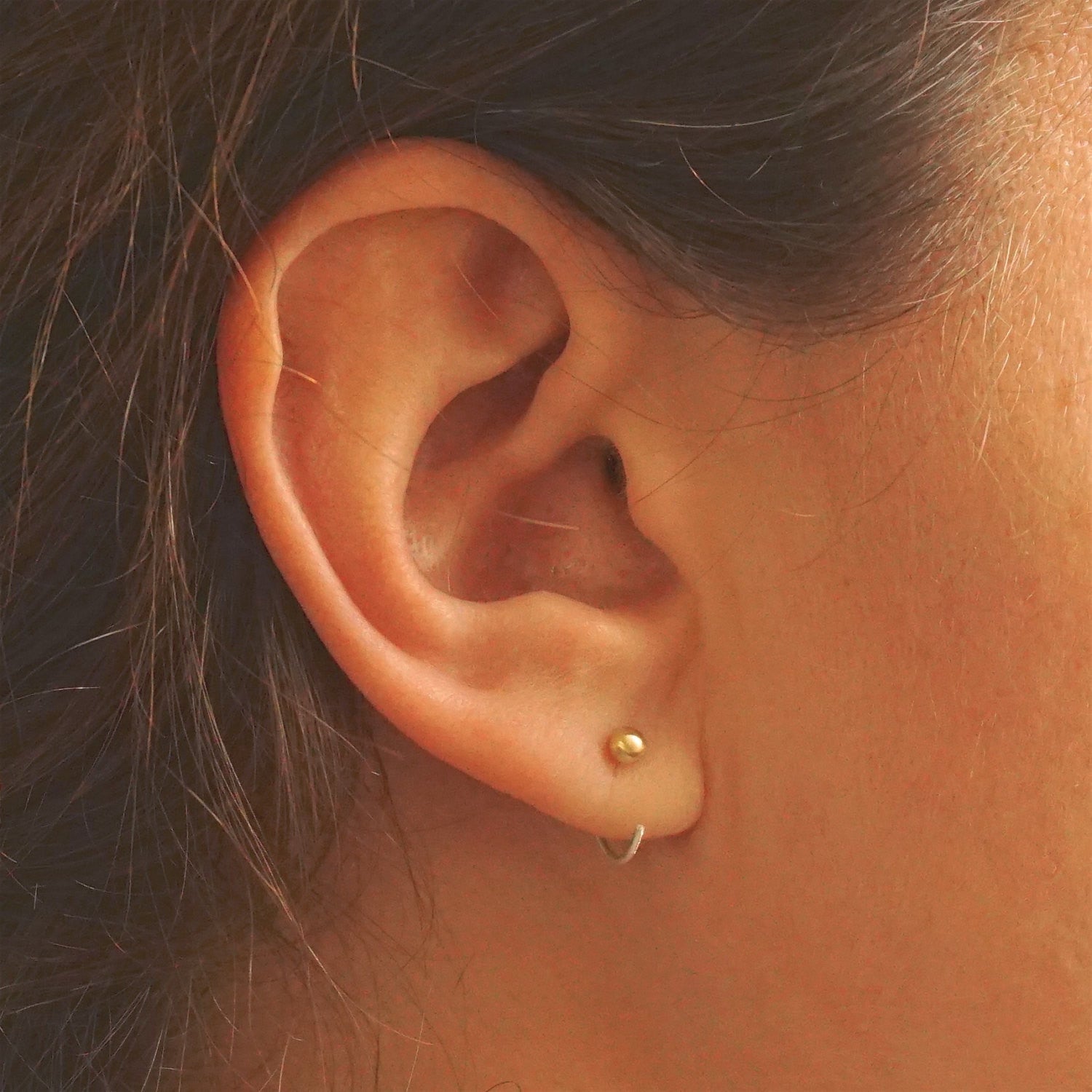 Distinctive Hand-Made Tiny Ear Hugging Sterling Silver Hoops With Ball On End - 0209 - Virginia Wynne Designs