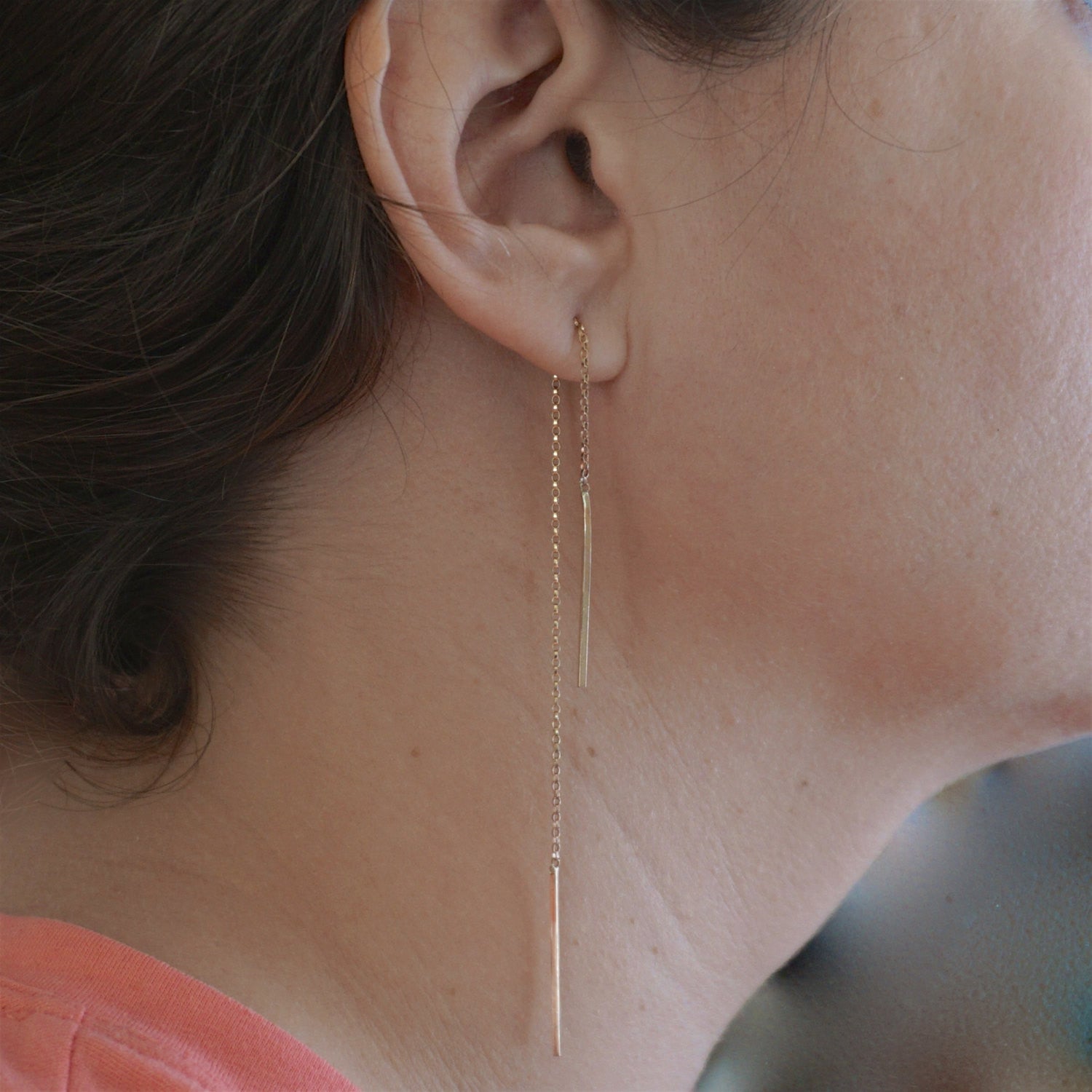 Classic Sterling Silver or Gold Fill Chain Bar Threader Dangle Earrings - 0224 - Virginia Wynne Designs