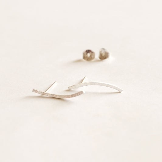 Modern and Distinctive Hand-Made Hammered Texture Ear Climber Bar Studs Earrings  - 0237 - Virginia Wynne Designs