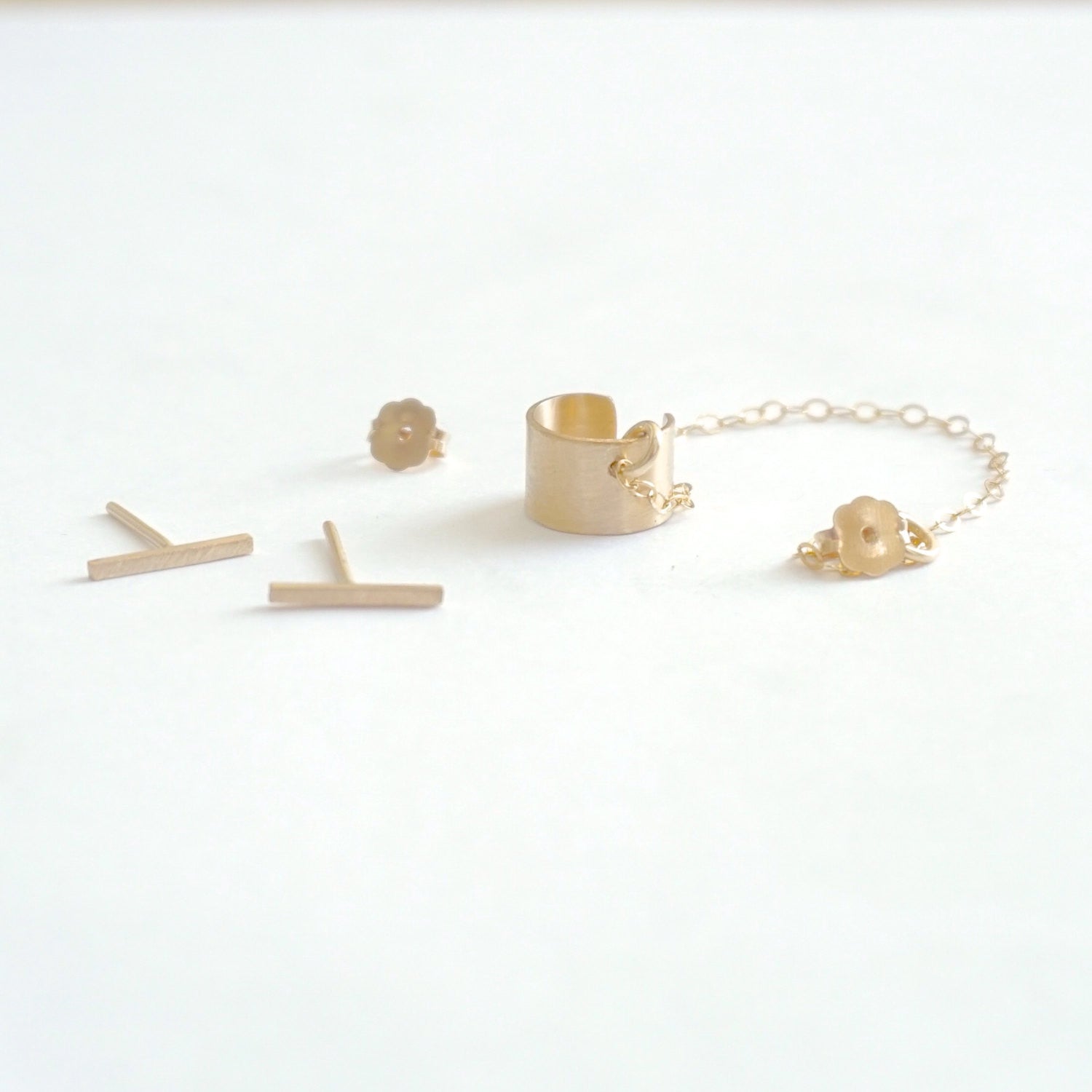 Chic Yet Edgy Hand-Made Staple Bar Stud Earrings With Single Chained Ear Cuff - 0276 - Virginia Wynne Designs