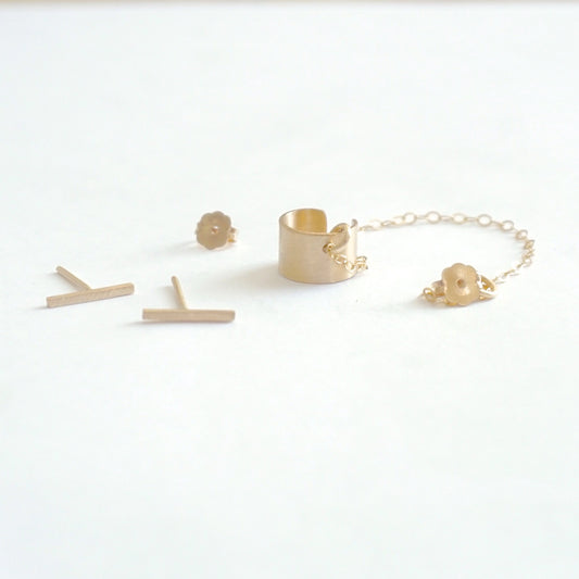 Chic Yet Edgy Hand-Made Staple Bar Stud Earrings With Single Chained Ear Cuff - 0276 - Virginia Wynne Designs