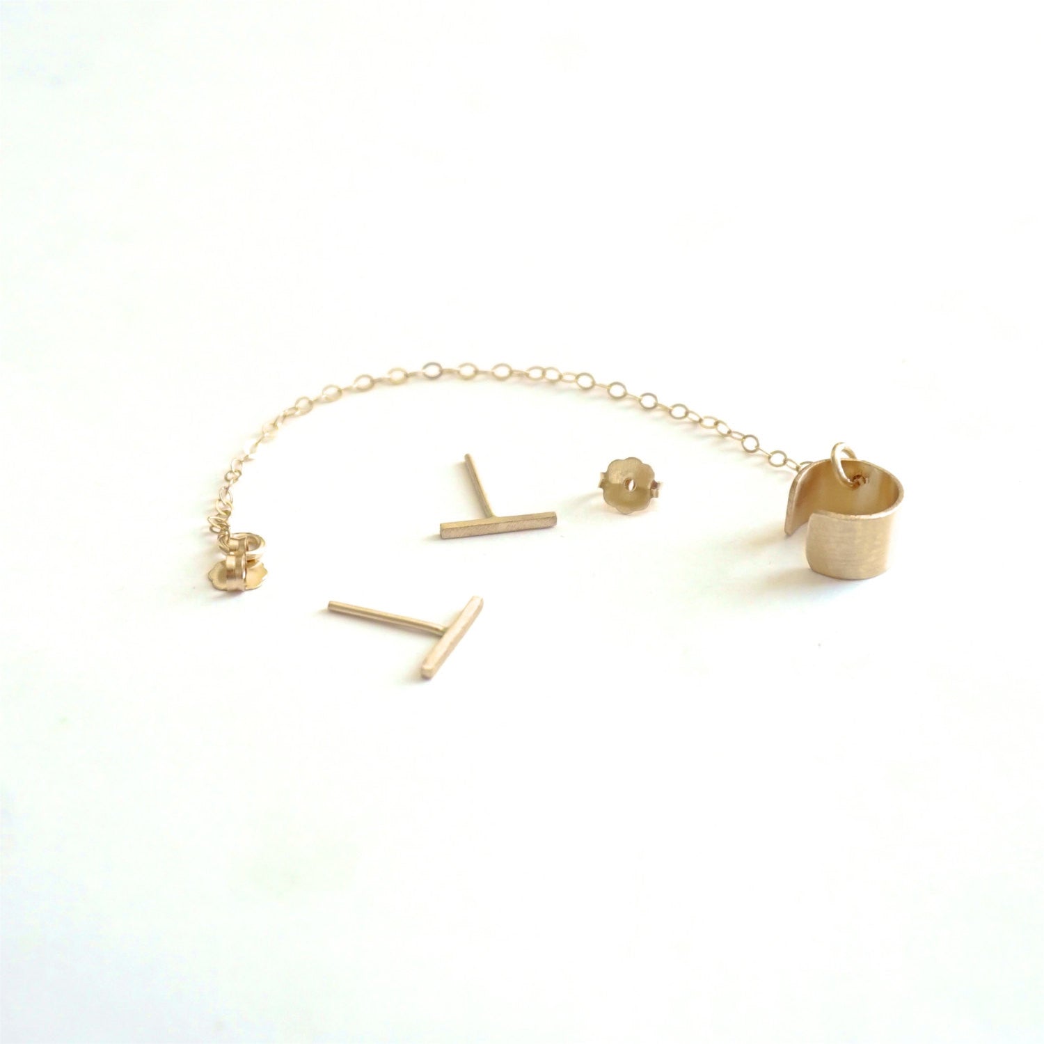 Chic Yet Edgy Hand-Made Staple Bar Stud Earrings With Single Chained Ear Cuff - 0276 - Virginia Wynne Designs