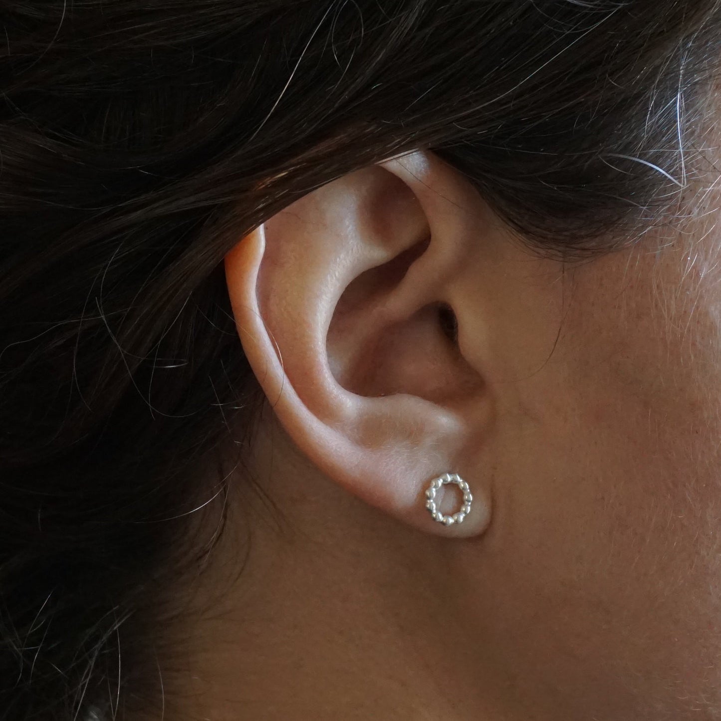 Uncluttered Yet Classy - Hand-Made Sterling Silver Beaded Open Circle Earrings - 0222 - Virginia Wynne Designs