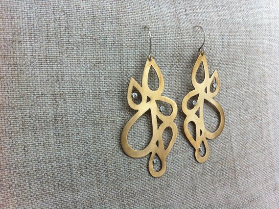 One-of-a-Kind, Hand-Made Gold Colored Brass Tear Drop Clusters w/ Three White Cubic Zirconia - 0304 - Virginia Wynne Designs