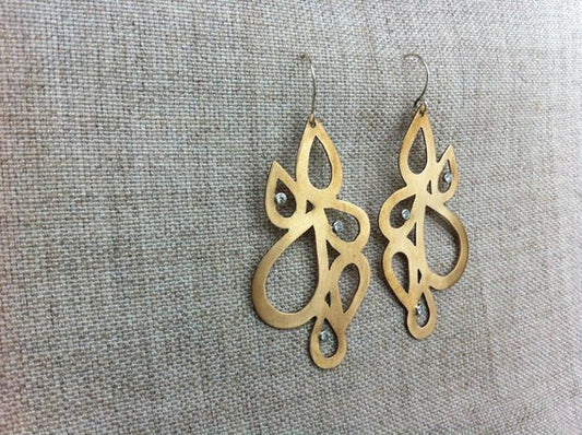 One-of-a-Kind, Hand-Made Gold Colored Brass Tear Drop Clusters w/ Three White Cubic Zirconia - 0304 - Virginia Wynne Designs
