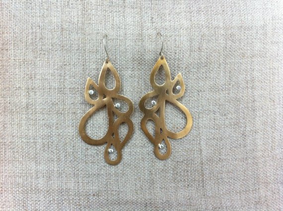 One-of-a-Kind, Hand-Made Gold Colored Brass Tear Drop Clusters w/ Three White Cubic Zirconia - 0304 - Virginia Wynne Designs