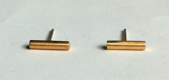 Simple, Understated, Hand-Made Gold Colored Brass Bar Stud Earring - 0018 - Virginia Wynne Designs