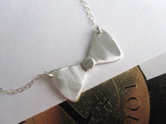 Stylish Hand-Crafted Sterling Silver Bow Tie Pendent On Sterling Silver Chain - 0091 - Virginia Wynne Designs