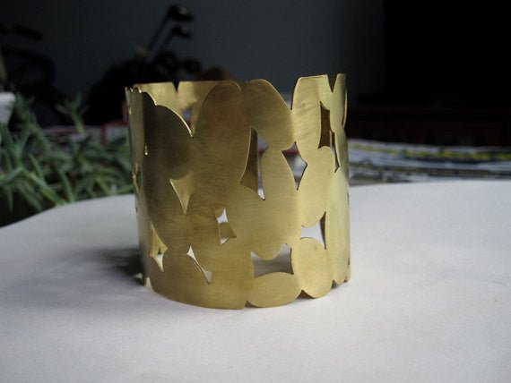 Unique Contemporary Classic Large Hand-Made Oval, Cut Out Gold Colored Brass Cuff Bracelet - 0082 - Virginia Wynne Designs