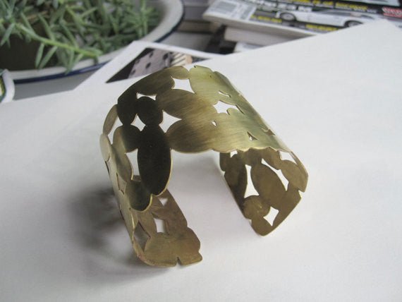 Unique Contemporary Classic Large Hand-Made Oval, Cut Out Gold Colored Brass Cuff Bracelet - 0082 - Virginia Wynne Designs