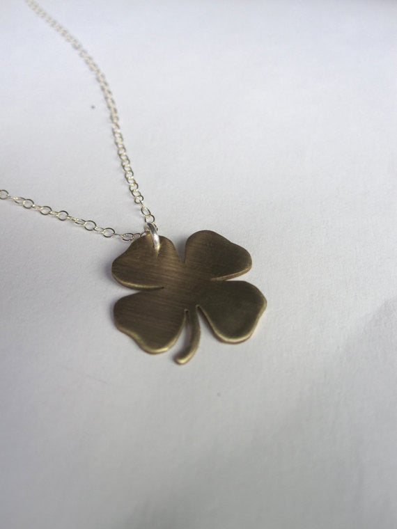 Hand-Made Shamrock Gold Colored Brass Charm Necklace On A Sterling Silver Chain - 0098 - Virginia Wynne Designs
