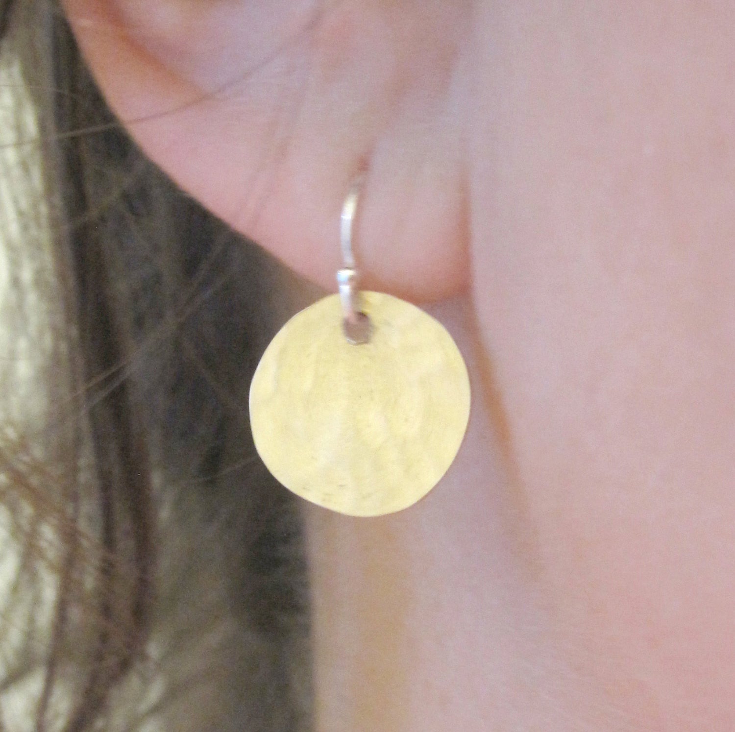 Hand-Made, Stylish, Hammered Textured, Gold Colored Brass Dangle Disk Earrings - 0065 - Virginia Wynne Designs