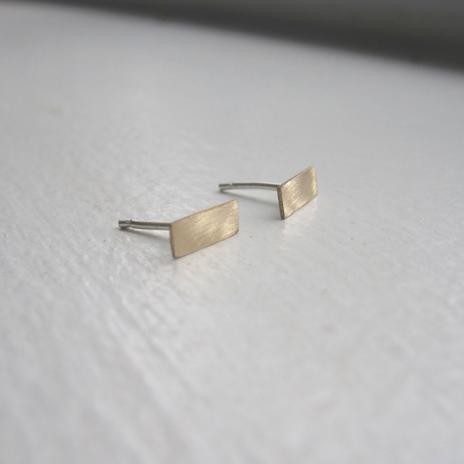 Short Flat Teeny Tiny Skinny Brass Thin Rectangle Bar Stud Earrings - 0119 - Virginia Wynne Designs