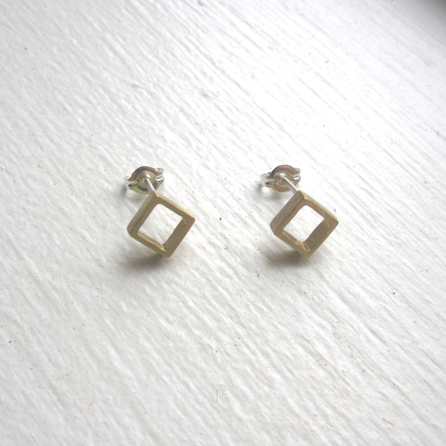 Open Hand-Made Square Cube Stud Earrings in Gold Colored Brass - 0124 - Virginia Wynne Designs
