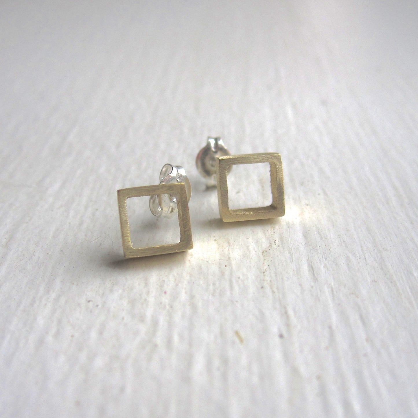 Open Hand-Made Square Cube Stud Earrings in Gold Colored Brass - 0124 - Virginia Wynne Designs