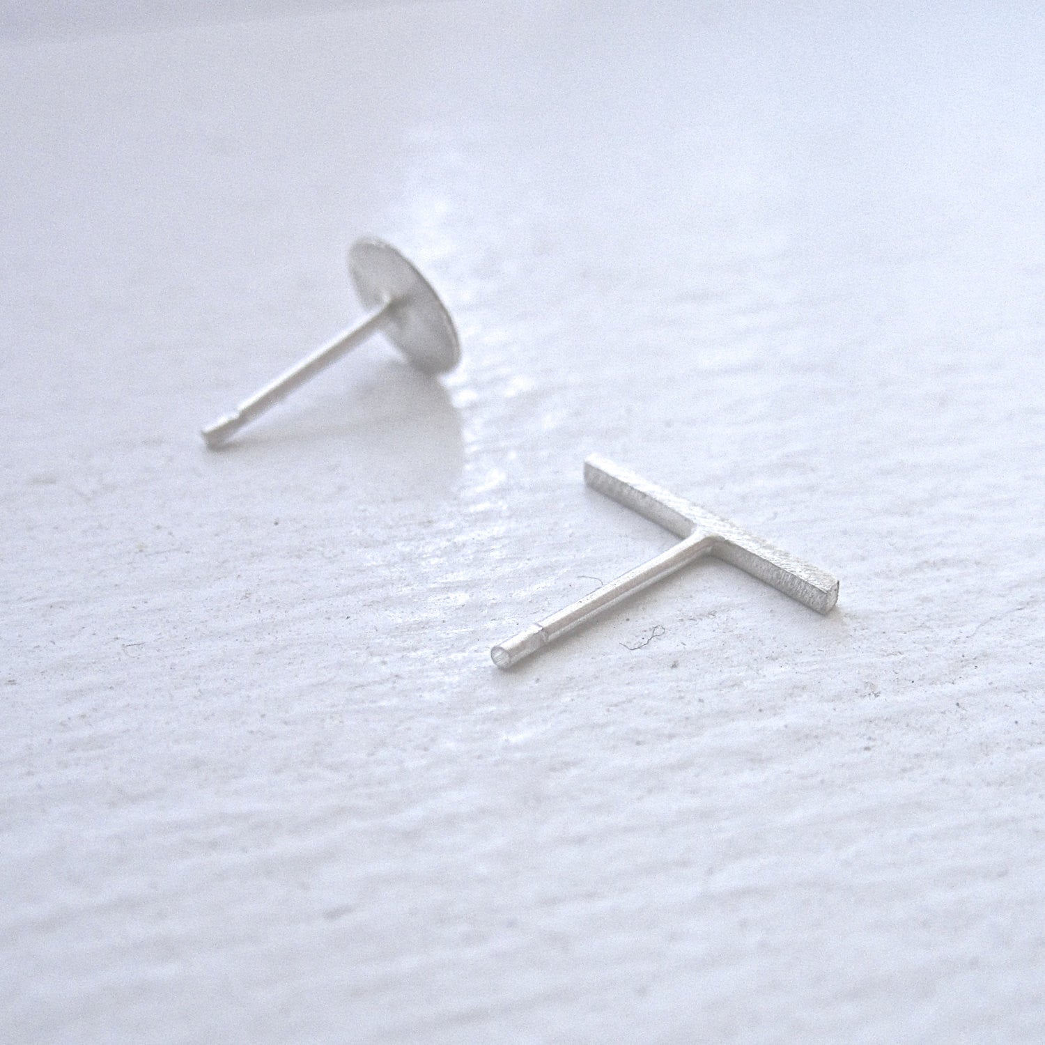 Hand-Crafted Mismatched 6mm Round Flat Circle and 11 mm Staple Stud Earrings - 0186 - Virginia Wynne Designs