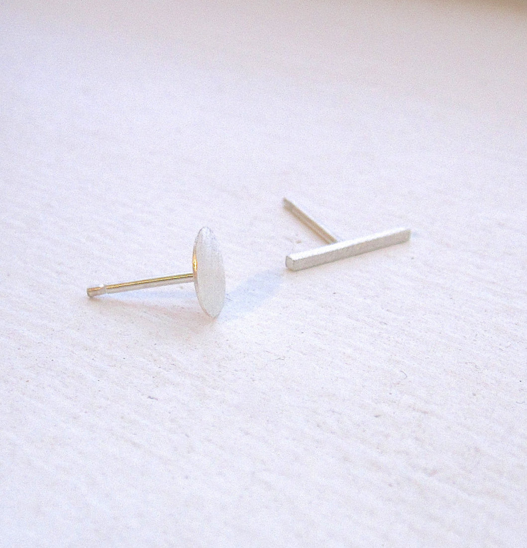 Hand-Crafted Mismatched 6mm Round Flat Circle and 11 mm Staple Stud Earrings - 0186 - Virginia Wynne Designs