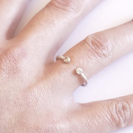 Diastinctively Styled Hand-Made Solid  Open Adjustable Ring With Two Bezel Set Clear CZ's - 0194 - Virginia Wynne Designs