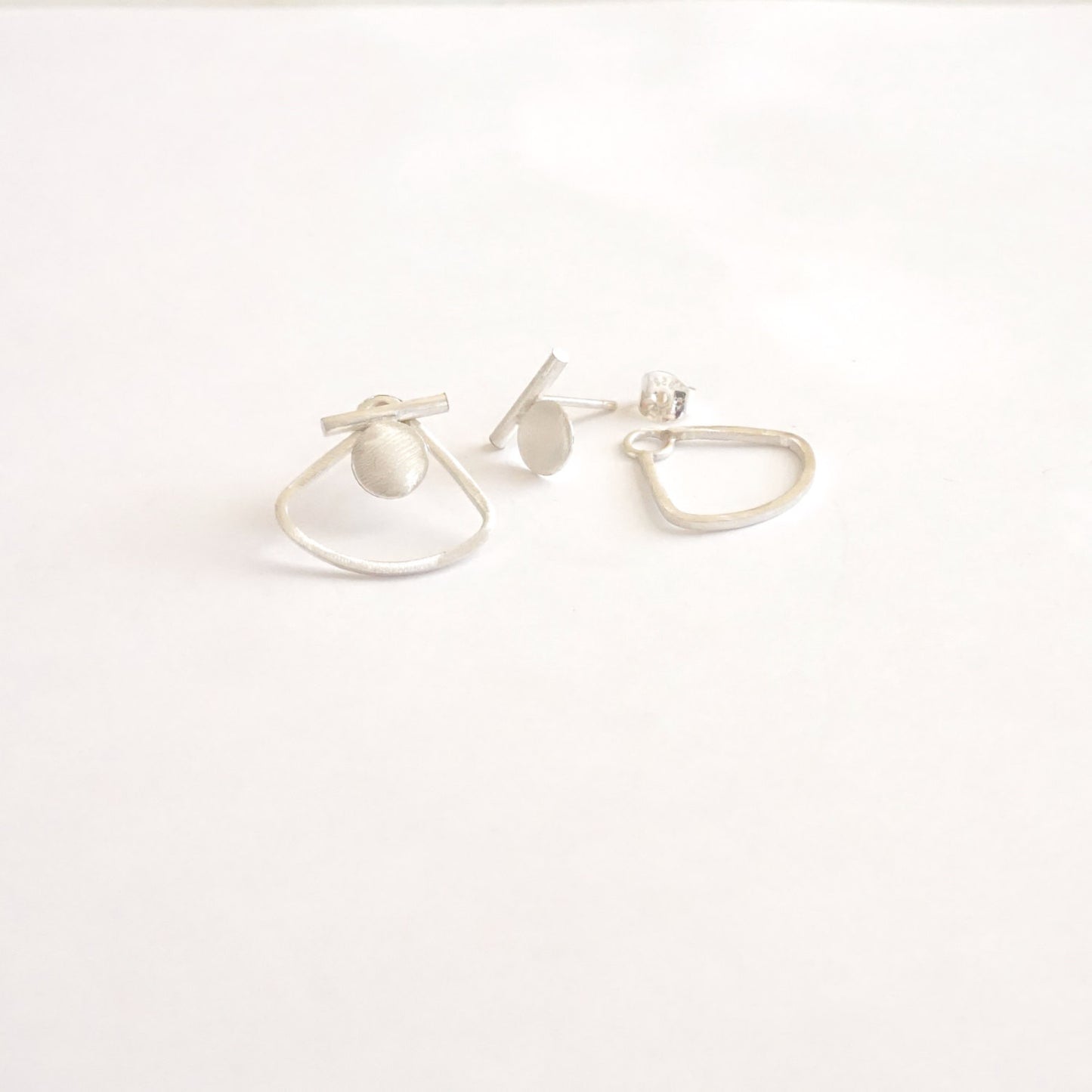 Modern Hand-Made Half Circle Ear Jacket w/ Solid Bar & Flat Circle Designer Stud Earrings - 0223 - Virginia Wynne Designs