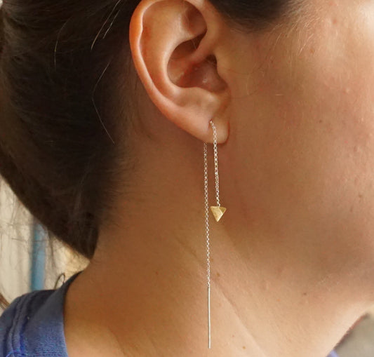 Stylish & Chic Hand-Crafted Long Dangle Sterling Silver Chain Ear Threader With Triangle End - 0248 - Virginia Wynne Designs