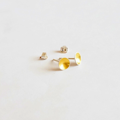 Silver and Gold Dome Stud Earrings | Minimalist Geometric Jewelry | 23k Gold Leaf | Solid Sterling Silver | Gift Ready | 0060