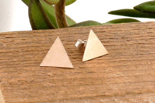 Two triangle-shaped stud earrings on a wooden surface with a plant in the background