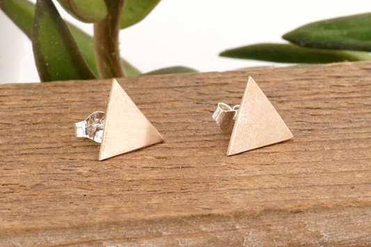 Triangle-shaped earrings on a wooden surface with a plant in the background