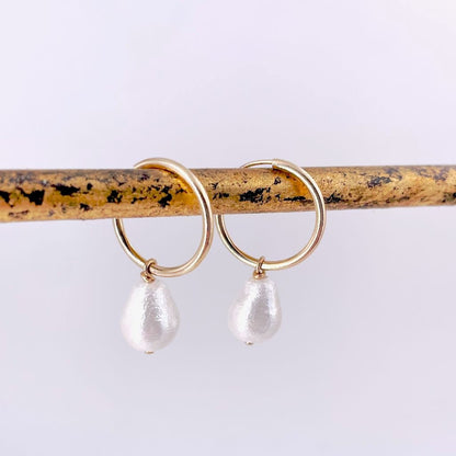 Vegan Cotton Teardrop Pearl Hoop Earrings - Lightweight Chic Design 0357