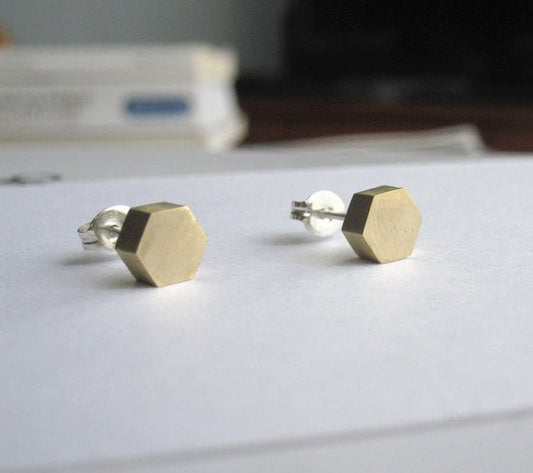 Elegant and Affordable - Hand-Made Solid Brass Hexagon Studs - 0032 - Virginia Wynne Designs