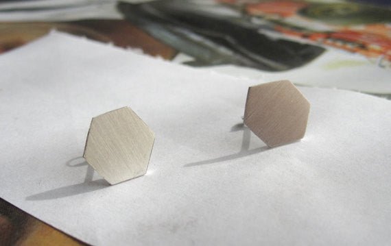 Classically Modern Design - Hand-Made Thin Sterling Silver Flat Hexagon Studs - 0045 - Virginia Wynne Designs