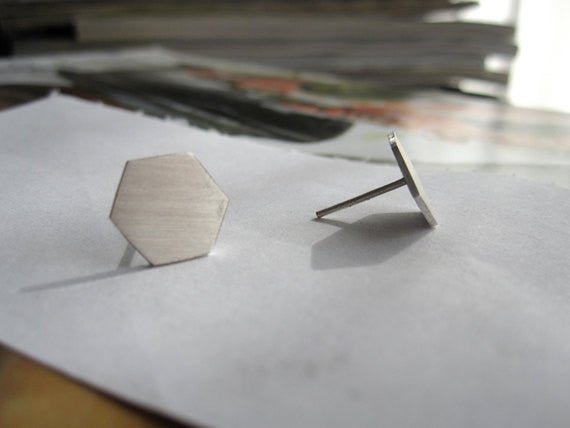 Classically Modern Design - Hand-Made Thin Sterling Silver Flat Hexagon Studs - 0045 - Virginia Wynne Designs