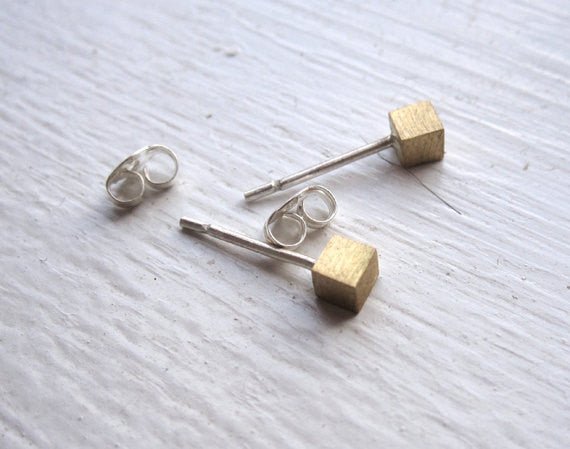 Contemporary, Hand-Made Mini Solid Cube Stud Earrings - 0012 - Virginia Wynne Designs