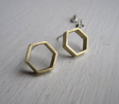 Hand-Crafted, Open Hexagonal Honey Comb Stud Earrings in Brass - 0114 - Virginia Wynne Designs