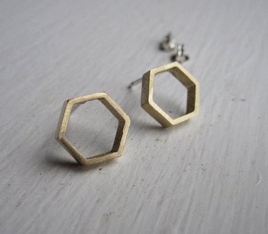 Hand-Crafted, Open Hexagonal Honey Comb Stud Earrings in Brass - 0114 - Virginia Wynne Designs