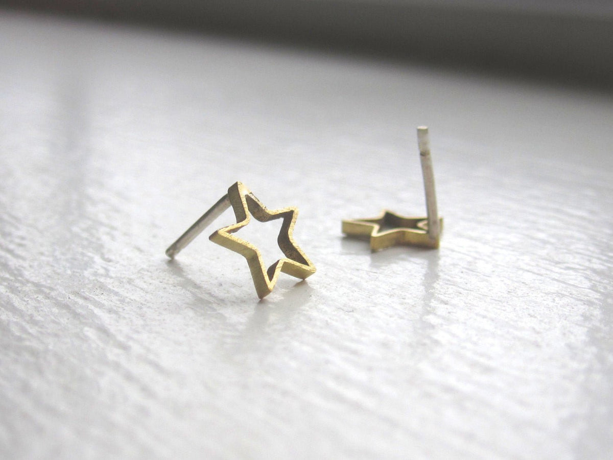 Beautiful and Chic Gold Colored Hand-Made Brass Open Star Studs - 0187 - Virginia Wynne Designs